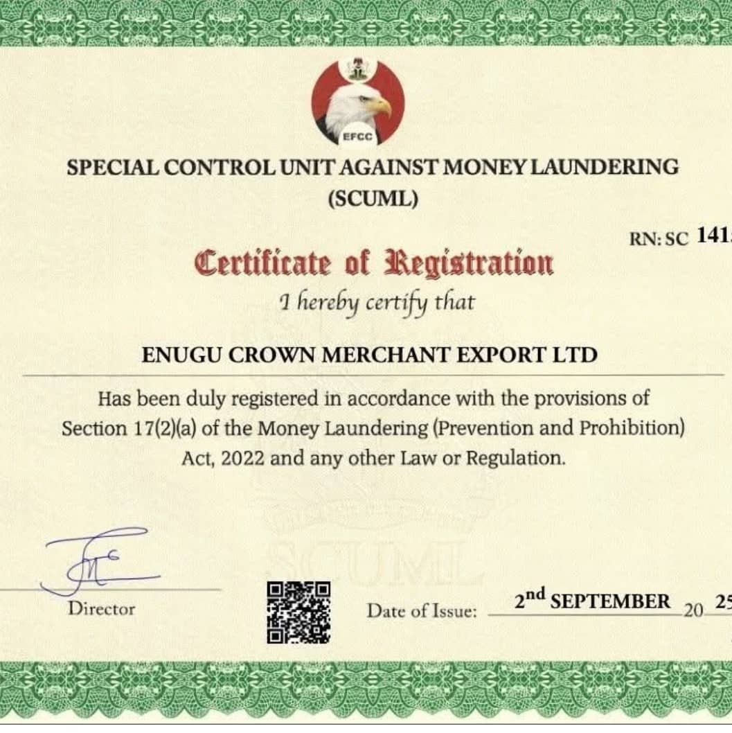SCUML Certificate of Registration